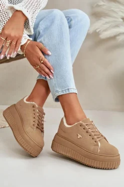 Damskie Boto Sneakersy Damskie Ocieplane Na Masywnej Podeszwie Ze Złotym Detalem Brązowe Lotira