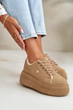 Damskie Boto Sneakersy Damskie Ocieplane Na Masywnej Podeszwie Ze Złotym Detalem Brązowe Lotira