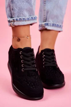 Best Buty Sergio Leone Sneakersy Damskie Sergio Leone Ażurowe Czarne PB122