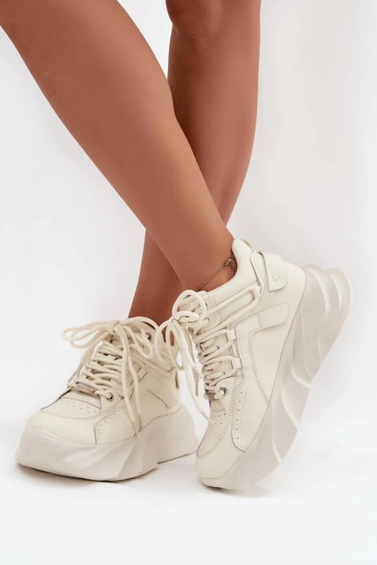 GOE Sneakersy Damskie*Sneakersy Damskie Skóra Naturalna SS2N4037 Zgaszona Biel Biały