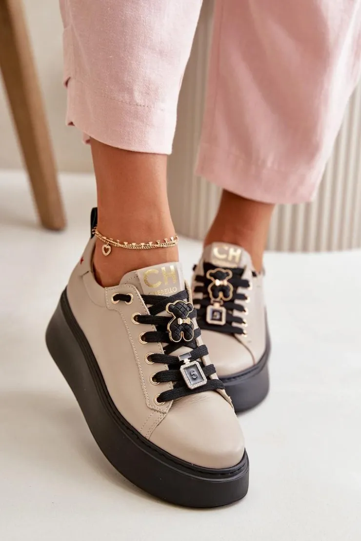 Damskie CheBello Sneakersy Damskie Skórzane Z Przypinkami Na Platformie 4596 Beżowe