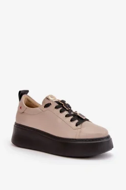 Damskie CheBello Sneakersy Damskie Skórzane Z Przypinkami Na Platformie 4596 Beżowe