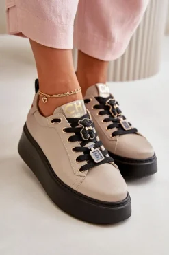 Damskie CheBello Sneakersy Damskie Skórzane Z Przypinkami Na Platformie 4596 Beżowe