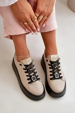Damskie CheBello Sneakersy Damskie Skórzane Z Przypinkami Na Platformie 4596 Beżowe