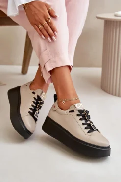 Damskie CheBello Sneakersy Damskie Skórzane Z Przypinkami Na Platformie 4596 Beżowe