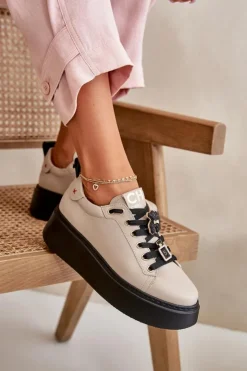 Damskie CheBello Sneakersy Damskie Skórzane Z Przypinkami Na Platformie 4596 Beżowe