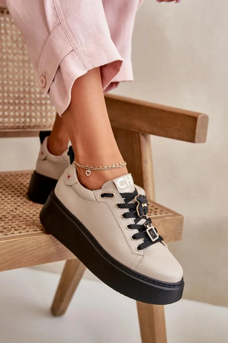 Damskie CheBello Sneakersy Damskie Skórzane Z Przypinkami Na Platformie 4596 Beżowe