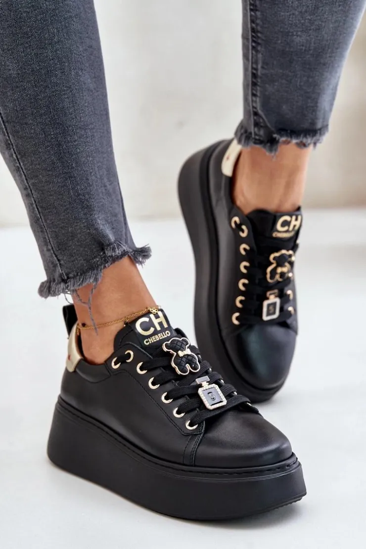 Damskie CheBello Sneakersy Damskie Skórzane Z Przypinkami Na Platformie 4596 Czarne
