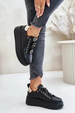 Damskie CheBello Sneakersy Damskie Skórzane Z Przypinkami Na Platformie 4596 Czarne