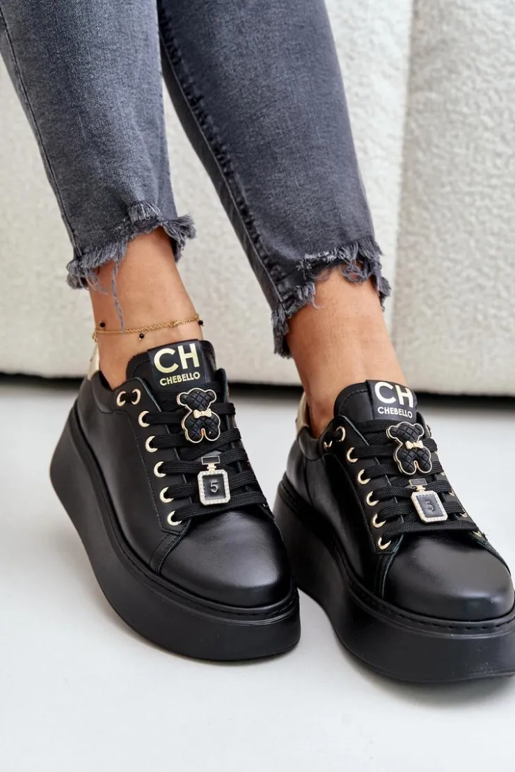 Damskie CheBello Sneakersy Damskie Skórzane Z Przypinkami Na Platformie 4596 Czarne