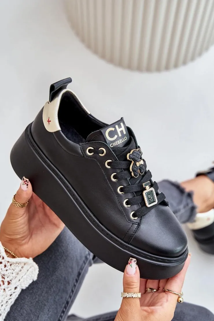 Damskie CheBello Sneakersy Damskie Skórzane Z Przypinkami Na Platformie 4596 Czarne