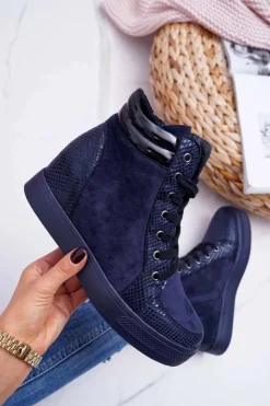 Boto Sneakersy Damskie Ukryty Koturn Granatowe Ferrer