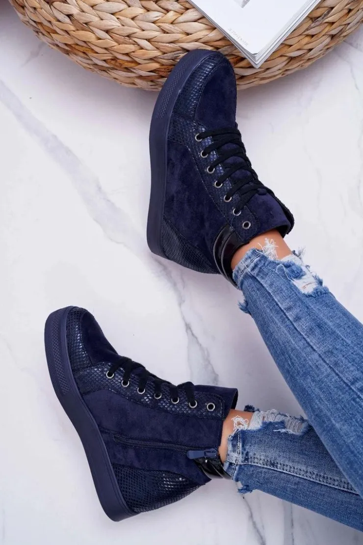 Boto Sneakersy Damskie Ukryty Koturn Granatowe Ferrer