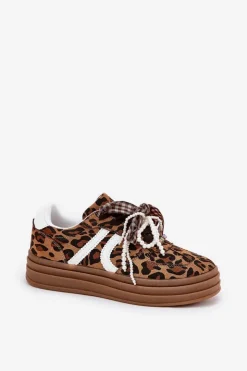 Damskie Boto Sneakersy Damskie W Panterkę Na Platformie Z Ozdobami Brązowe Vinness