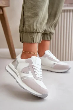 Boto Sneakersy Damskie*Sneakersy Damskie Z Brokatem Białe Velaniela