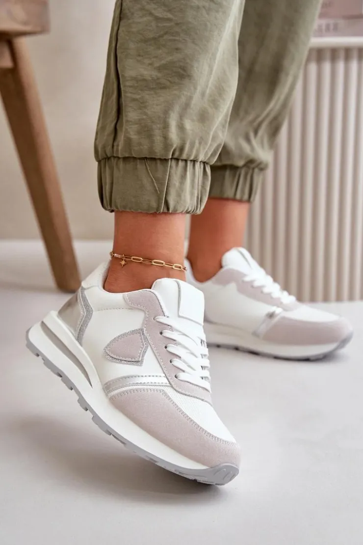 Boto Sneakersy Damskie*Sneakersy Damskie Z Brokatem Białe Velaniela