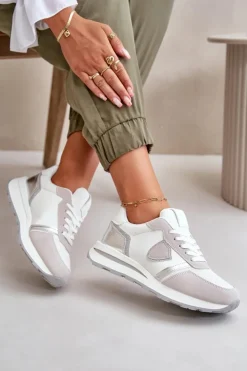 Boto Sneakersy Damskie*Sneakersy Damskie Z Brokatem Białe Velaniela