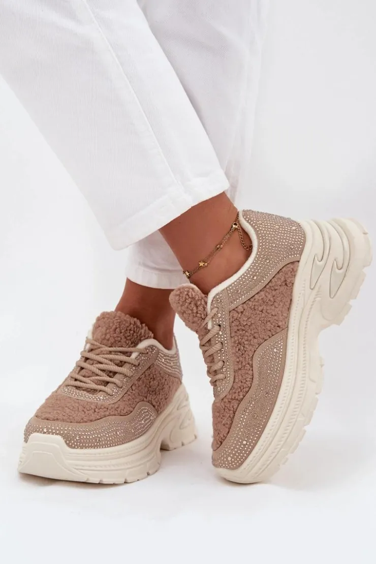 Boto Buty Sportowe Na Platformie|Sneakersy Damskie*Sneakersy Damskie Z Cyrkoniami I Futerkiem Typu Baranek Beżowe Zarika Beżowy