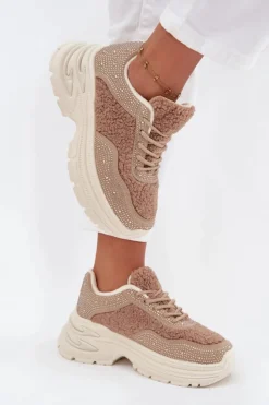 Boto Buty Sportowe Na Platformie|Sneakersy Damskie*Sneakersy Damskie Z Cyrkoniami I Futerkiem Typu Baranek Beżowe Zarika Beżowy