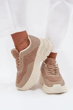 Boto Buty Sportowe Na Platformie|Sneakersy Damskie*Sneakersy Damskie Z Cyrkoniami I Futerkiem Typu Baranek Beżowe Zarika Beżowy