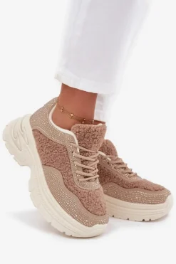 Boto Buty Sportowe Na Platformie|Sneakersy Damskie*Sneakersy Damskie Z Cyrkoniami I Futerkiem Typu Baranek Beżowe Zarika Beżowy