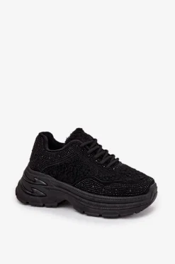 Damskie Boto Sneakersy Damskie Z Cyrkoniami I Futerkiem Typu Baranek Czarne Zarika