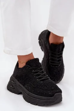 Damskie Boto Sneakersy Damskie Z Cyrkoniami I Futerkiem Typu Baranek Czarne Zarika