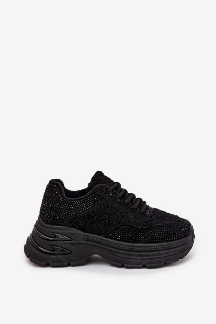 Damskie Boto Sneakersy Damskie Z Cyrkoniami I Futerkiem Typu Baranek Czarne Zarika
