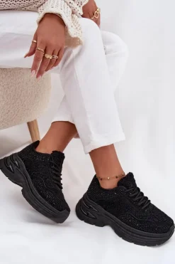 Damskie Boto Sneakersy Damskie Z Cyrkoniami I Futerkiem Typu Baranek Czarne Zarika