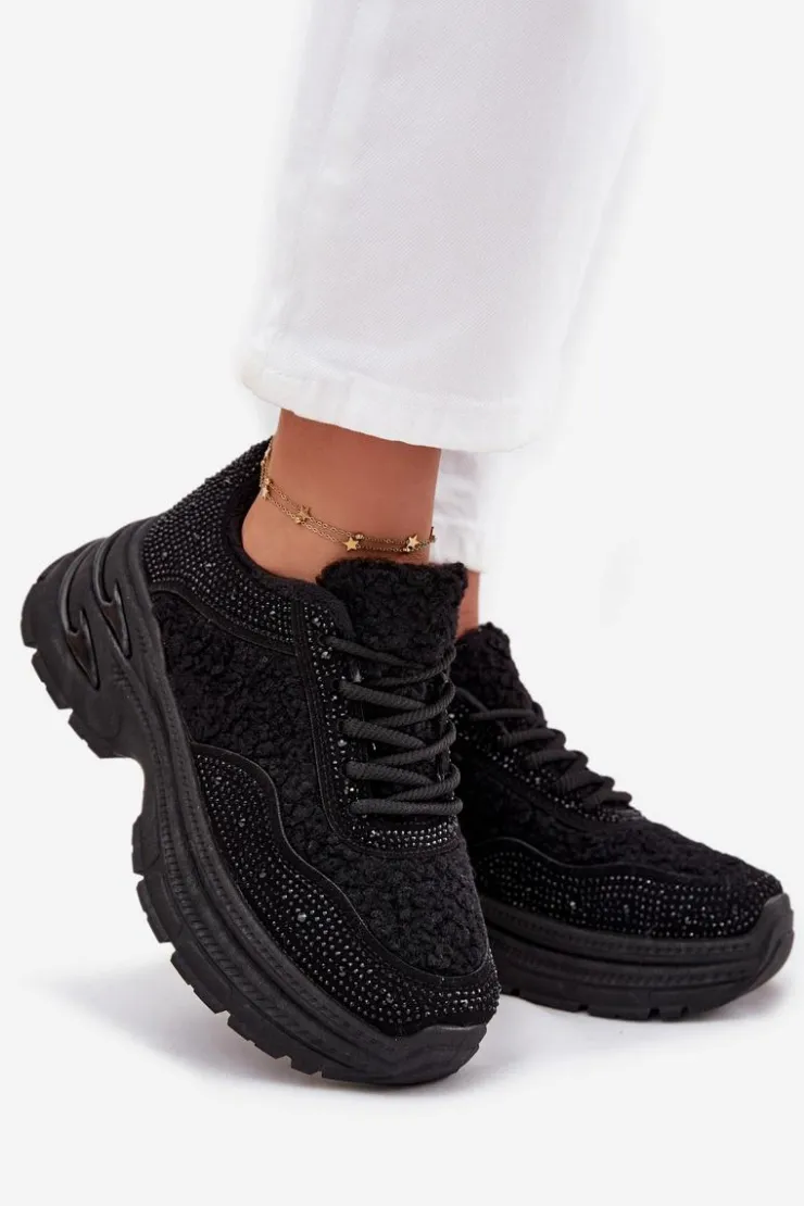 Damskie Boto Sneakersy Damskie Z Cyrkoniami I Futerkiem Typu Baranek Czarne Zarika