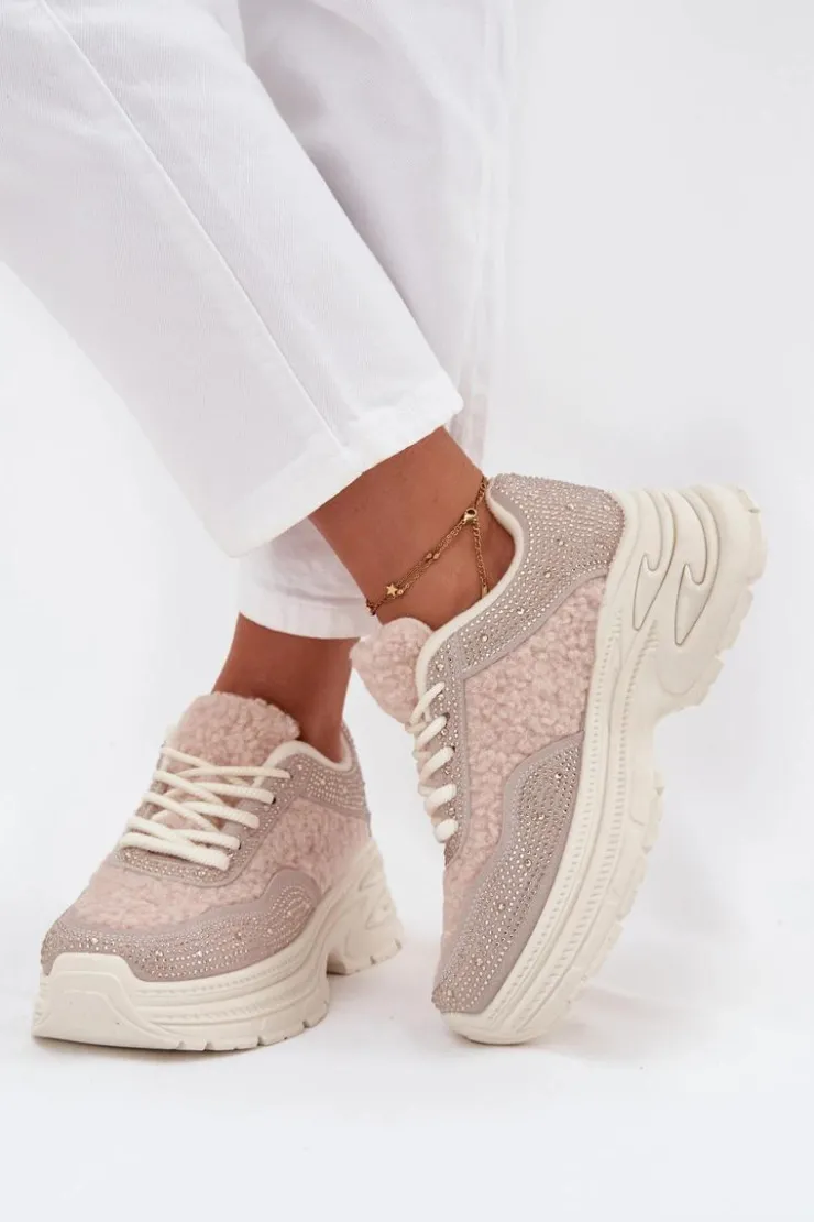 Online Boto Sneakersy Damskie Z Cyrkoniami I Futerkiem Typu Baranek Jasnobeżowe Zarika Beżowy
