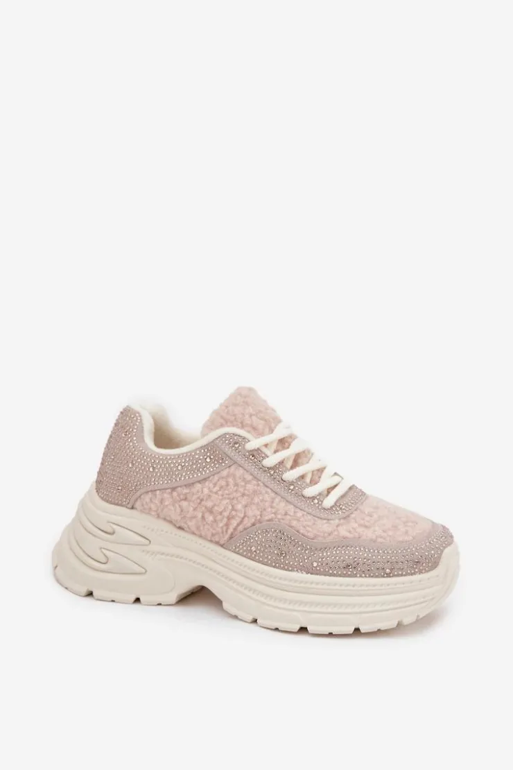 Online Boto Sneakersy Damskie Z Cyrkoniami I Futerkiem Typu Baranek Jasnobeżowe Zarika Beżowy