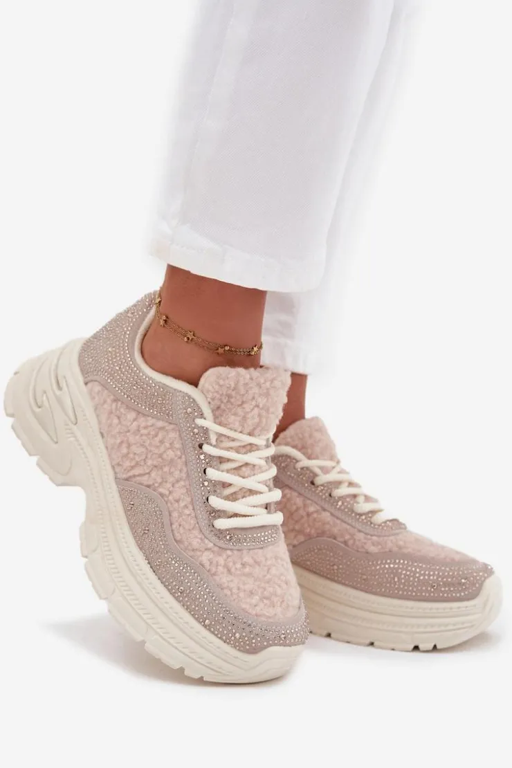 Online Boto Sneakersy Damskie Z Cyrkoniami I Futerkiem Typu Baranek Jasnobeżowe Zarika Beżowy
