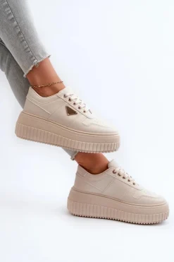 Damskie Boto Sneakersy Damskie Z Eko Skóry Na Masywnej Platformie Jasnobeżowe Chrisstin