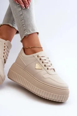 Damskie Boto Sneakersy Damskie Z Eko Skóry Na Masywnej Platformie Jasnobeżowe Chrisstin