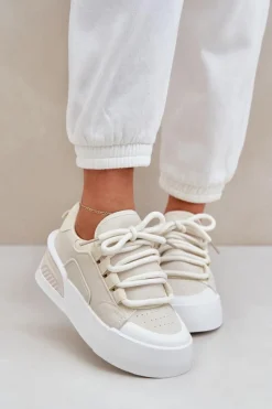 Boto Sneakersy Damskie Z Grubymi Sznurówkami Na Platformie Beżowe Laloma
