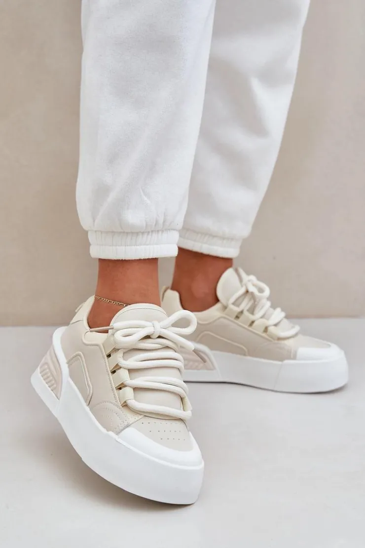 Boto Sneakersy Damskie Z Grubymi Sznurówkami Na Platformie Beżowe Laloma