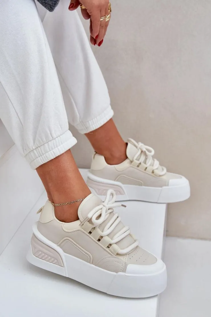 Boto Sneakersy Damskie Z Grubymi Sznurówkami Na Platformie Beżowe Laloma