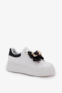 Damskie Boto Sneakersy Damskie Z Kokardką I Broszką Z Misiem Biało-Czarne Leathria