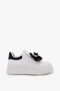 Damskie Boto Sneakersy Damskie Z Kokardką I Broszką Z Misiem Biało-Czarne Leathria