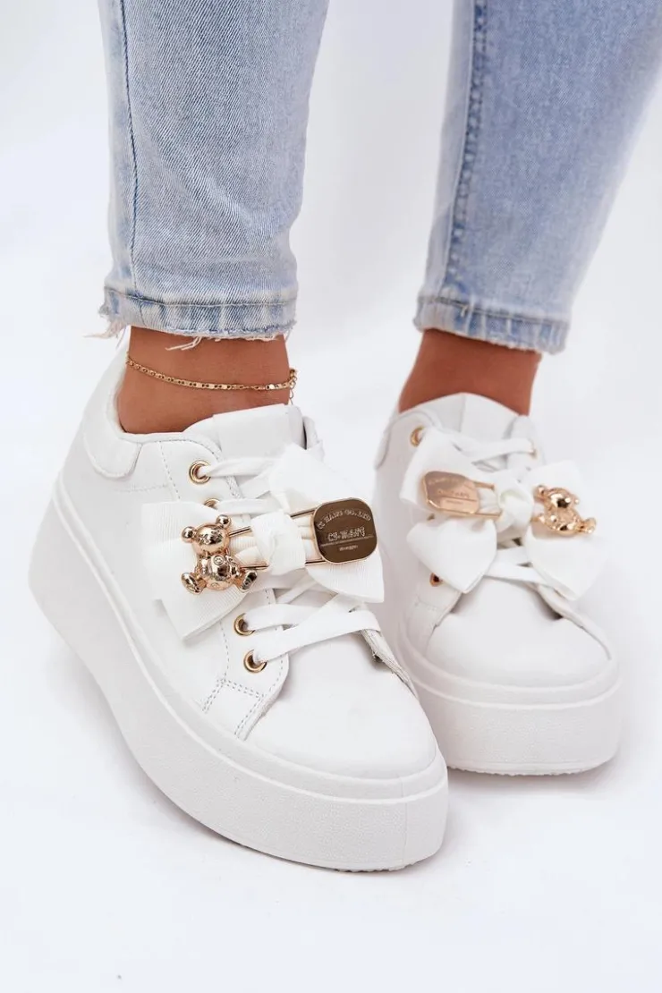 Boto Buty Sportowe Na Platformie|Sneakersy Damskie*Sneakersy Damskie Z Kokardką I Broszką Z Misiem Białe Leathria