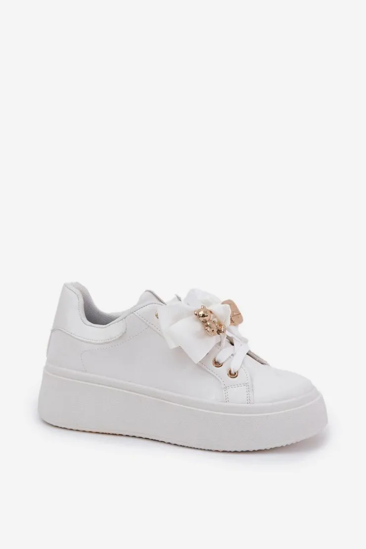 Boto Buty Sportowe Na Platformie|Sneakersy Damskie*Sneakersy Damskie Z Kokardką I Broszką Z Misiem Białe Leathria