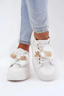 Boto Buty Sportowe Na Platformie|Sneakersy Damskie*Sneakersy Damskie Z Kokardką I Broszką Z Misiem Białe Leathria