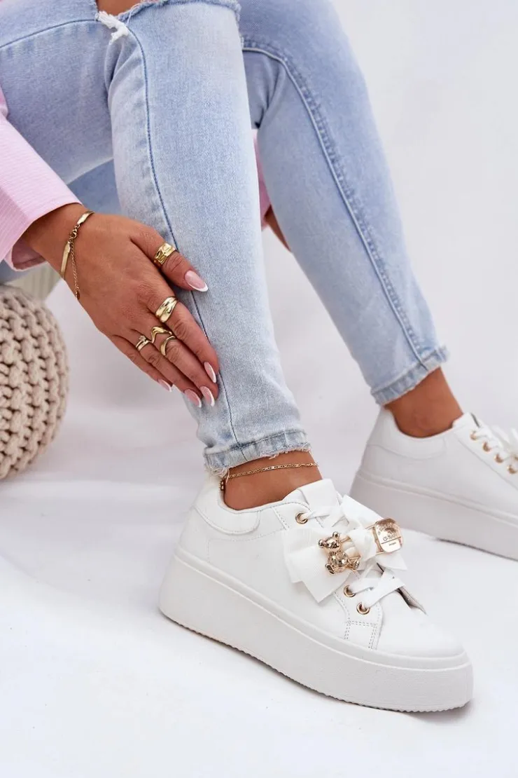 Boto Buty Sportowe Na Platformie|Sneakersy Damskie*Sneakersy Damskie Z Kokardką I Broszką Z Misiem Białe Leathria