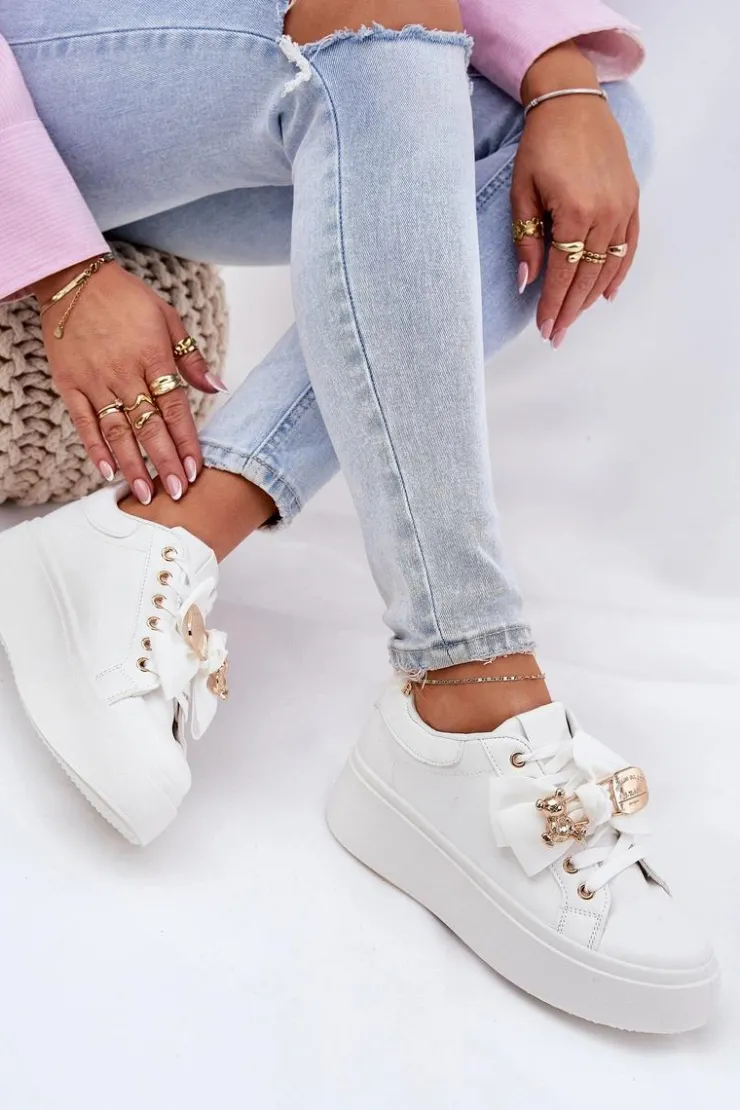 Boto Buty Sportowe Na Platformie|Sneakersy Damskie*Sneakersy Damskie Z Kokardką I Broszką Z Misiem Białe Leathria