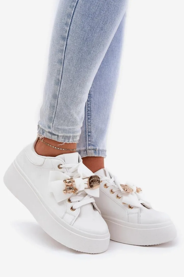 Boto Buty Sportowe Na Platformie|Sneakersy Damskie*Sneakersy Damskie Z Kokardką I Broszką Z Misiem Białe Leathria