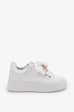 Boto Buty Sportowe Na Platformie|Sneakersy Damskie*Sneakersy Damskie Z Kokardką I Broszką Z Misiem Białe Leathria