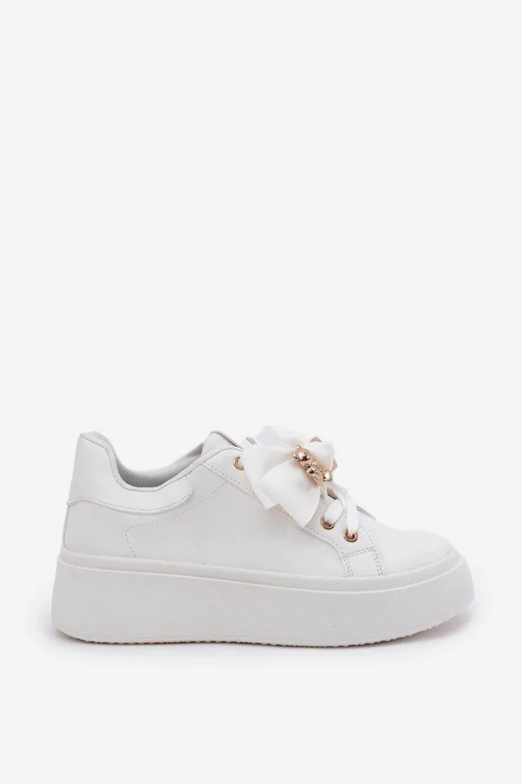 Boto Buty Sportowe Na Platformie|Sneakersy Damskie*Sneakersy Damskie Z Kokardką I Broszką Z Misiem Białe Leathria