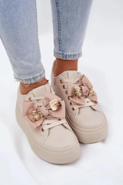 Sale Boto Sneakersy Damskie Z Kokardką I Broszką Z Misiem Beżowe Leathria