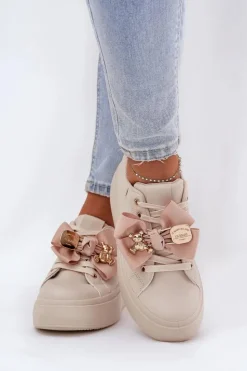 Sale Boto Sneakersy Damskie Z Kokardką I Broszką Z Misiem Beżowe Leathria